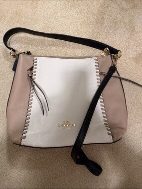 Coach Two-Tone Pebble Leather Shoulder Bag in White, Beige & Black